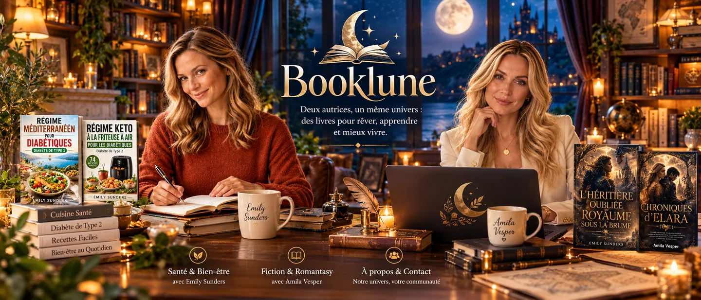 L’univers Booklune : Emily Sunders et Amila Vesper dans une bibliothèque éclairée par la lune, entre livres de santé et de fiction.